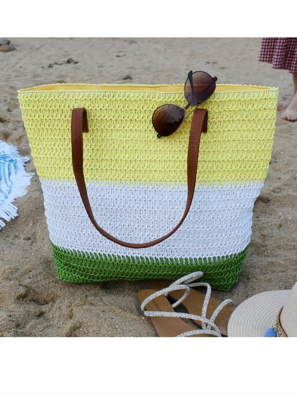 Woven Striped Tote Bag in Yellow, White & Green